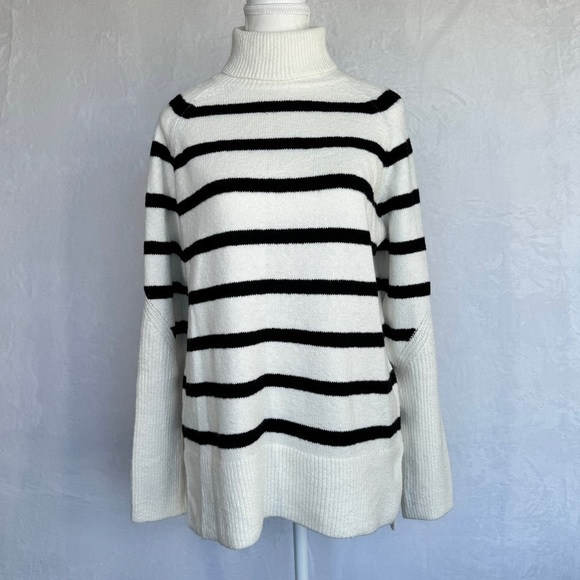 A New Day Striped Turtleneck Sweater XS Off White Black Tunic Split Hem Raglan - Picture 6 of 14